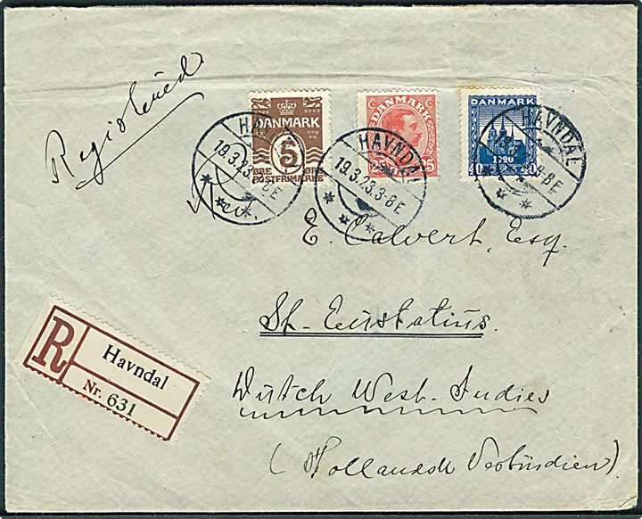5 øre Bølgelinie, 25 øre Chr. X og 40 øre Genforening på anbefalet brev fra Havndal d. 19.3.1923 via New York til St. Eustatius, Hollandsk Vestindien. Sjælden destination.