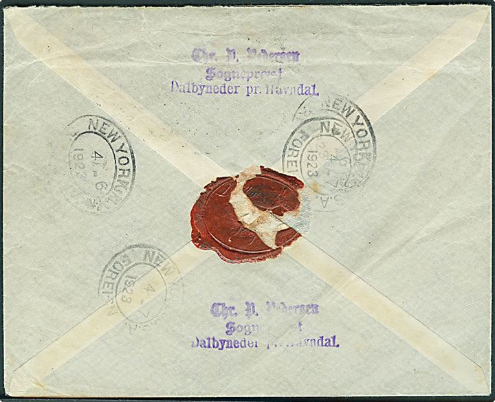 5 øre Bølgelinie, 25 øre Chr. X og 40 øre Genforening på anbefalet brev fra Havndal d. 19.3.1923 via New York til St. Eustatius, Hollandsk Vestindien. Sjælden destination.