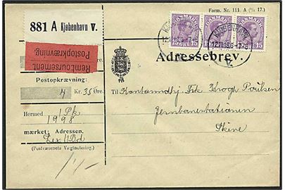 15 øre Chr. X i 3-stribe på 45 øre frankeret adressebrev for pakke med opkrævning fra Kjøbenhavn V. d. 12.11.1918 til Skive.