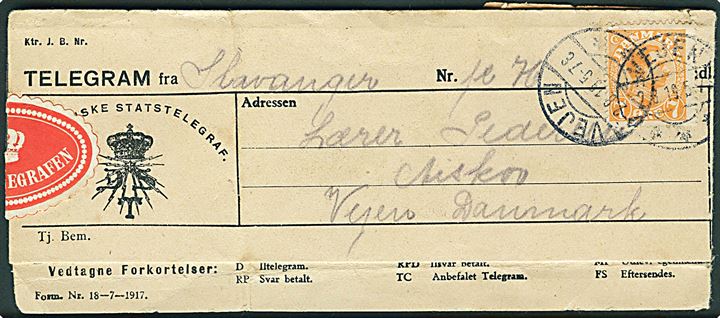 7 øre Chr. X stemplet Vejen d. 2.8.1919 på Telegram-formular med meddelelse fra Stavanger i Norge modtaget på Telegrafstationen i Vejen og udsendt som lokalbrev til Askov Højskole pr. Vejen. 