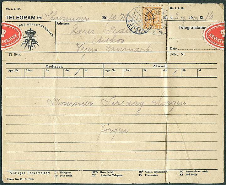 7 øre Chr. X stemplet Vejen d. 2.8.1919 på Telegram-formular med meddelelse fra Stavanger i Norge modtaget på Telegrafstationen i Vejen og udsendt som lokalbrev til Askov Højskole pr. Vejen. 