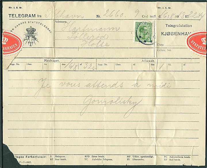 5 øre Chr. X stemplet Holte d. 17.8.1918 på Telegram-formular med meddelelse fra København udsendt som lokalbrev til Søllerød pr. Holte. 