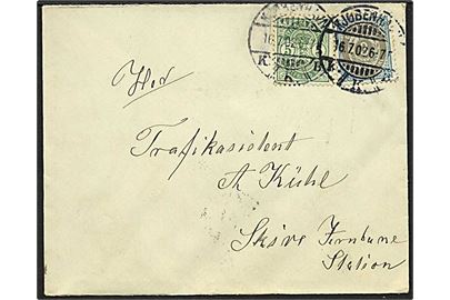 3 øre Tofarvet og 5 øre Våbentype på brev fra Kjøbenhavn d. 16.7.1902 til Skive.