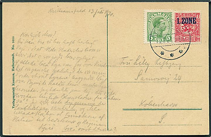 10 øre 1. Zone udg. og dansk 5 øre Chr. X på blandings-frankeret brevkort fra Christiansfeld sn1 d. 13.7.1920 til København. Korrekt blandingsfrankatur fra perioden 9.-17.7.1920. 