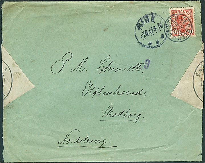 10 øre Chr. X på GRÆNSEPORTO brev annulleret med stjernestempel VESTER VEDSTED og sidestemplet Ribe d. 7.8.1917 til Københoved pr. Skodsborg i Nordslesvig. Brevet åbnet af tysk censur i Flensburg.