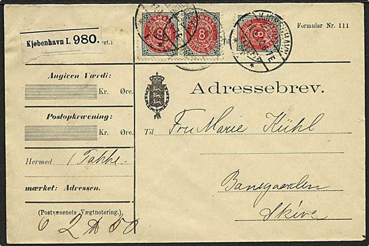 8 øre Tofarvet omv. ramme i par og single på 24 øre frankeret adressebrev for pakke fra Kjøbenhavn I d. 11.4.1900 til Skive.
