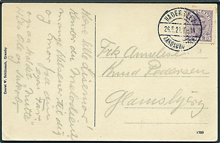 15 øre Chr. X på brevkort annulleret med bureaustempel Haderslev - Aarøsund Havn T.14 d. 26.5.1921 til Glamsbjerg. 