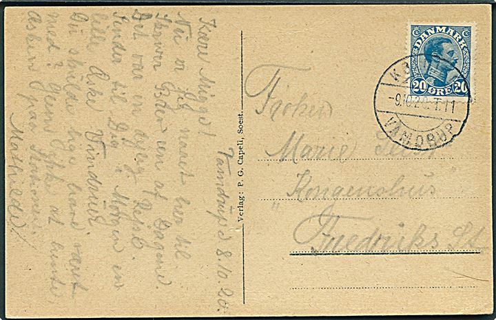 20 øre Chr. X på brevkort fra Vamdrup annulleret med vanskeligt bureaustempel Kolding - Vamdrup T.11 d. 9.10.1920 til Frederiks St. 