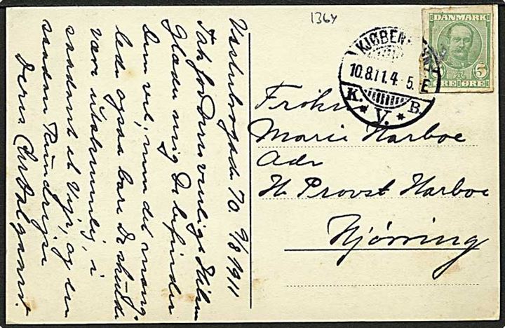 5 øre Fr. VIII helsagsafklip som frankering på brevkort fra Kjøbenhavn d. 10.8.1911 til Hjørring.