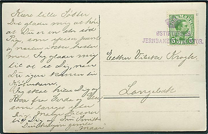 5 øre Chr. X på udateret brevkort (ca. 1914) annulleret med provisorisk reservestempel “(krone) / Østifternes / Jernbanepostkontor” til Langebæk. Muligvis unik.