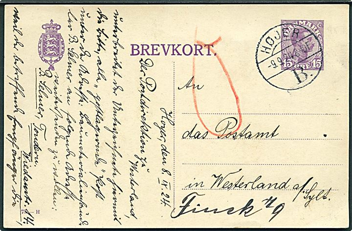 15 øre Chr. X helsagsbrevkort (fabr. 73-H) sendt til GRÆNSEPORTO og annulleret med brotype Vb Højer B. d. 9.9.1924 til Westerland på Sild, Tyskland. Meget sjældent stempel på interessant forsendelse.