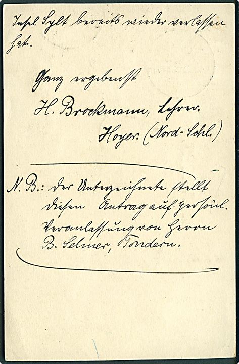 15 øre Chr. X helsagsbrevkort (fabr. 73-H) sendt til GRÆNSEPORTO og annulleret med brotype Vb Højer B. d. 9.9.1924 til Westerland på Sild, Tyskland. Meget sjældent stempel på interessant forsendelse.