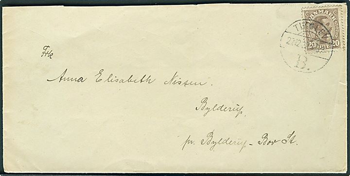 20 øre Chr. X på brev annulleret med brotype Vb Tinglev B. d. 27.12.1922 til Bylderup-Bov St. Sjælden stempel som annullering, ses ellers kun som transit stempler på adressekort.