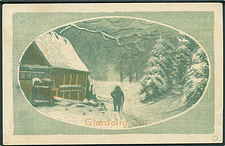 5 øre Chr. X og Julemærke 1916 på julekort annulleret med vanskeligt bureaustempel Gribskovbanen T.5 d. 24.12.1916 til Dragstrup pr. Esrom. 