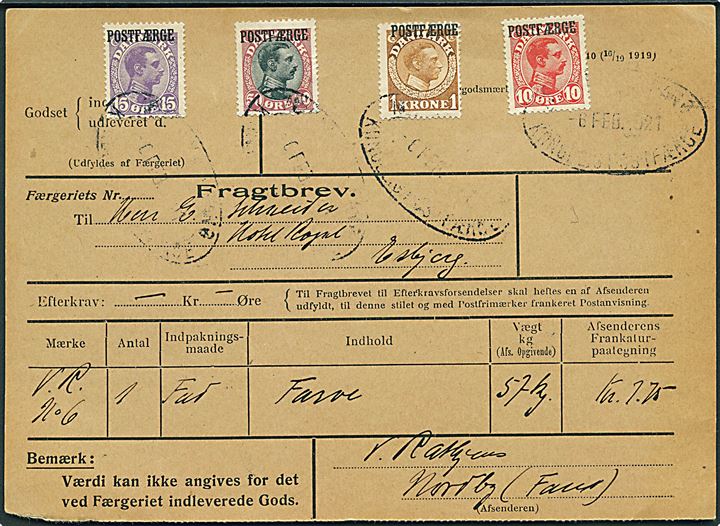 10 øre, 15 øre, 50 øre og 1 kr. Postfærge mærker på fragtbrev formular Nr. 40 (16/10 1919) for et fad farve (57 kg) annulleret med ovalt stempel Nordby Fanø * Kongelig Postfærge * d. 6.2.1921 til Esbjerg.