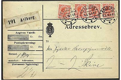 10 øre Chr. X i single og 3-stribe på adressebrev for pakke fra Aalborg d. 15.5.1919 til Skive.