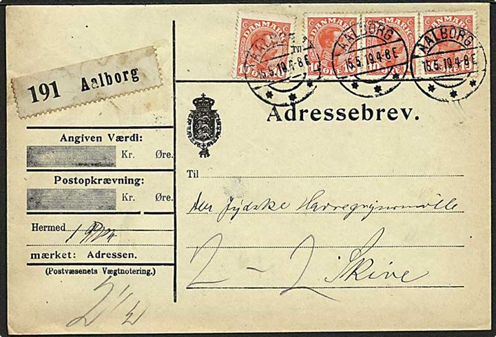 10 øre Chr. X i single og 3-stribe på adressebrev for pakke fra Aalborg d. 15.5.1919 til Skive.