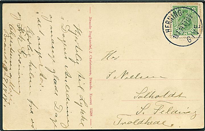5 øre Chr. X på brevkort (Brande, gadeparti) annulleret med smukt brotype IIIe bureaustempel Herning - Give T.1189 d. 19.7.1914 til S. Felding pr. Troldhede. Godt stempel i meget flot kvalitet.
