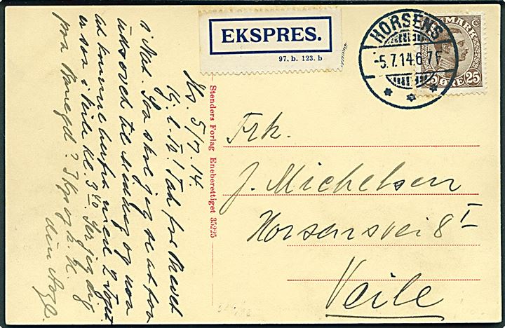 25 øre Chr. X single på ekspres-brevkort fra Horsens d. 5.7.1914 (Søndag) til Vejle. Smuk single frankatur.