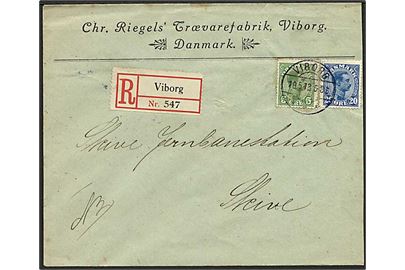 5 øre og 20 øre Chr. X på anbefalet brev fra Viborg d. 10.5.1918 til Skive.