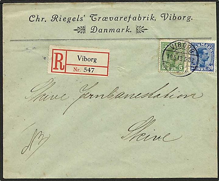 5 øre og 20 øre Chr. X på anbefalet brev fra Viborg d. 10.5.1918 til Skive.