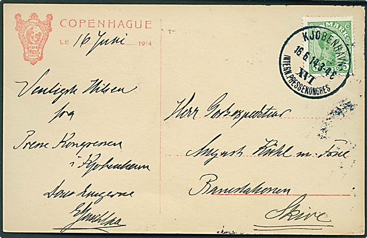 5 øre Chr. X på officielt kongres-brevkort annulleret med brotype IIIb Kjøbenhavn / XVI Intern. Pressekongres d. 16.6.1914 til Skive. 