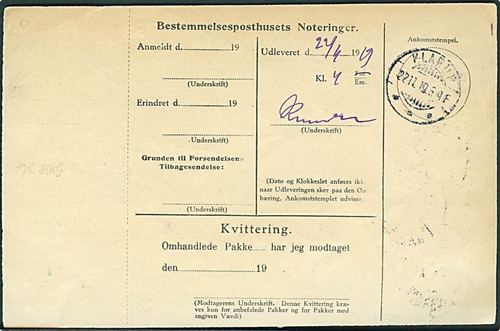 1 kr. Chr. X single på adressekort med etiket K. Form Nr. 13 (1/1 18) “Ilpakke” fra Kjøbenhavn d. 20.11.1919 til Romstrup pr. Klarup. God single frankatur AFA: 1800,-