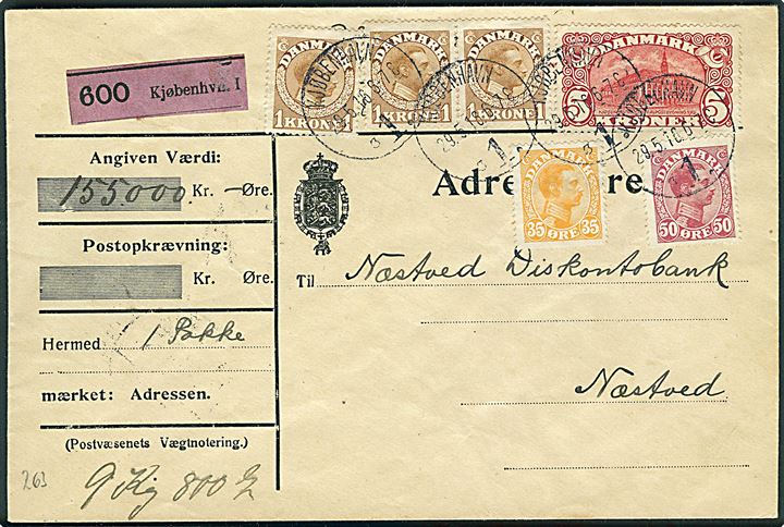 35 øre, 50 øre, 1 kr. (3) Chr. X og 5 kr. Posthus tk. 14 på 885 øre frankeret adressebrev for værdipakke (155.000 kr.) fra Kjøbenhavn d. 29.5.1916 til Næstved. Flot enhed.