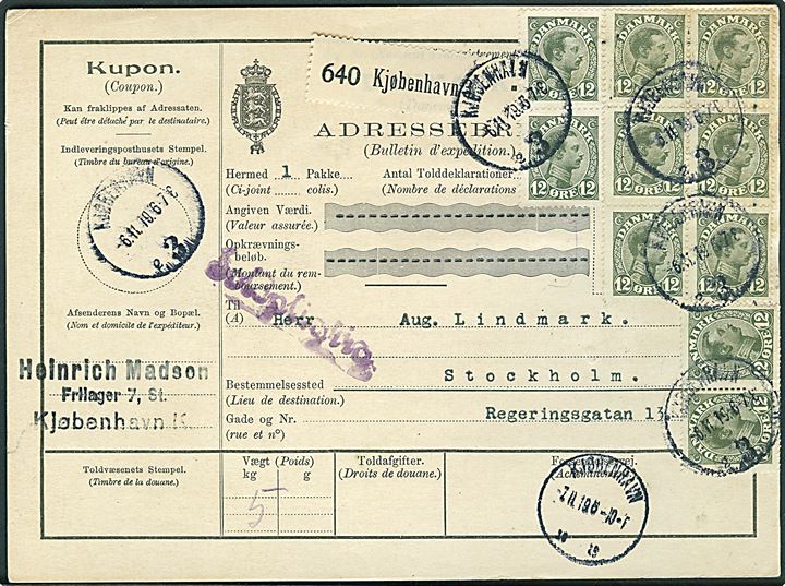 12 øre Chr. X, 8 stk. 1. tryk incl. variant “Bule i højre kant” (pos. 22), samt 2 stk. 2. tryk, på 120 øre frankeret internationalt adressekort for pakke fra Kjøbenhavn d. 6.11.1919 til Stockholm, Sverige.