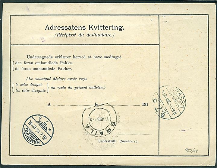 2 øre Bølgelinie, 15 øre (2), 50 øre og 1 kr. Chr. X med perfin “L.G.C.” på internationalt adressekort for pakke med opkrævning fra firma L.C.Glad & Co. i Kjøbenhavn d. 23.7.1915 til Braila, Rumænien. Påsat to rumænske stempelmærker stemplet Braila d. 18.8.1915. Fold.