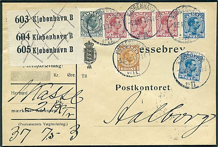 20 øre (2), 50 øre (3-stribe), 1 kr. og 2 kr. Chr. X på 490 øre frankeret adressebrev for 3 pakker fra Kjøbenhavn d. 5.12.1917 til Aalborg.