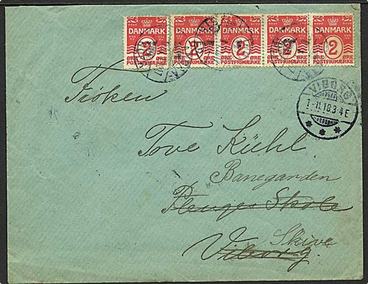 2 øre Bølgelinie i single og 4-stribe på brev annulleret med bureaustempel Langaa - Struer T.1017 d. 30.10.1918 til Viborg - eftersendt til Skive.
