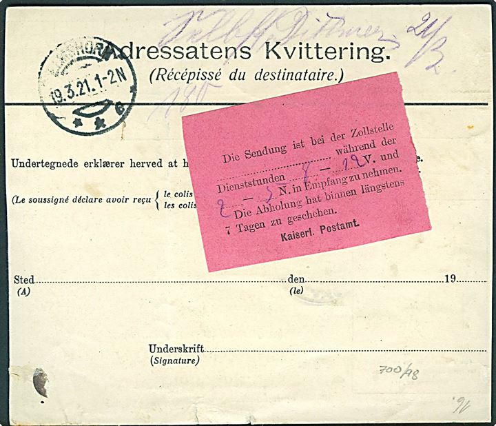 2 øre Bølgelinie og 70 øre Chr. X (kort tak) på adr.kort fra Sønderborg d. 17.3.1921 via Tinglev B. og Flensburg til Elmshorn, Tyskland. Påsat 10 øre Chr. X provisorisk gebyrmærke med håndskrevet “Gebyr”. 