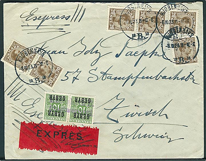 20 øre Chr. X (6) på ekspresbrev fra Kjøbenhavn B. d. 8.10.1923 til Zürich, Schweiz. 10 øre Gebyr provisorium (2) for sen indlevering annulleret med kontorstempel: København B. (Hovedbanegaarden). 