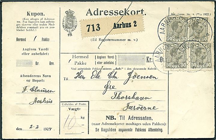 50 øre Chr. X (4) på adressekort for pakke fra Aarhus 2 d. 2.2.1924 til Øre pr. Thorshavn, Færøerne. På bagsiden ank.stemplet brotype IIIg Thorshavn d. 11.2.1924.