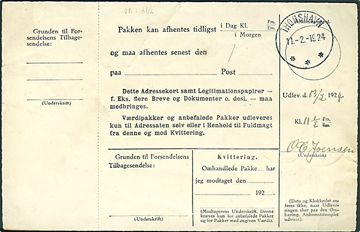 50 øre Chr. X (4) på adressekort for pakke fra Aarhus 2 d. 2.2.1924 til Øre pr. Thorshavn, Færøerne. På bagsiden ank.stemplet brotype IIIg Thorshavn d. 11.2.1924.