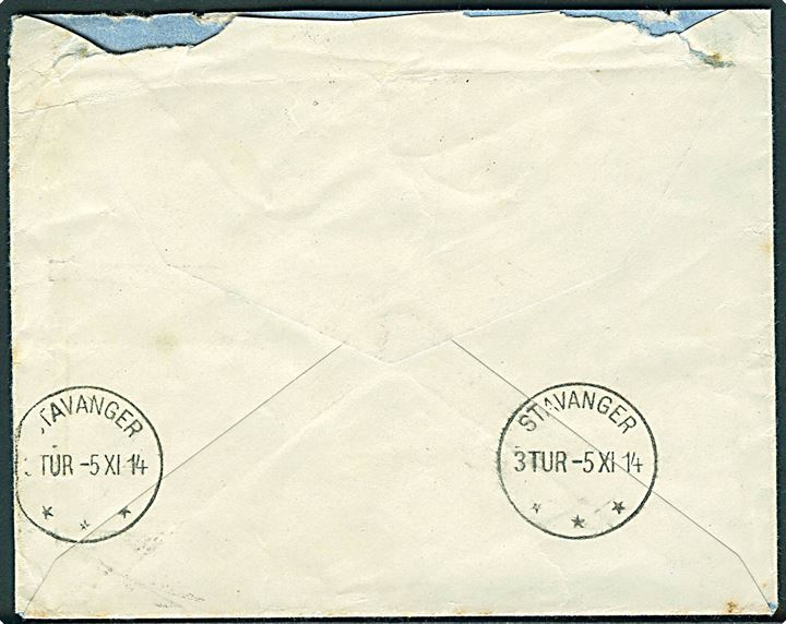 5 øre Chr. X i parstykke på brev annulleret med norsk skibsstempel Bureau de Mer de Norvege D Kristiansand - Frederikshavn d. 4.11.1914 til Stavanger, Norge.