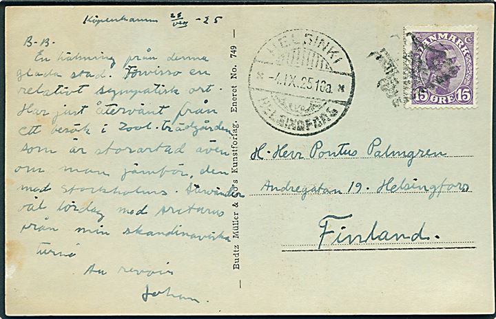 15 øre Chr. X på brevkort fra København d. 28.8.1925 annulleret med finsk figur-skibsstempel og sidestemplet Helsinki d. 4.9.1925 til Helsinki, Finland.