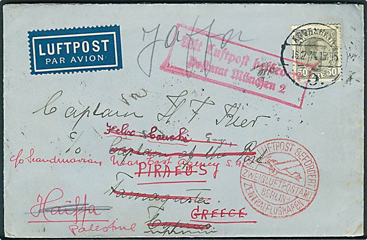 50 øre Chr. X single på luftpostbrev fra København d. 16.2.1934 via Berlin og München til Famagusta, Cypern - eftersendt til både Piræus, Haifa og Jaffa med flere transit stempler. Luftposttillæg 20 øre. God destination.