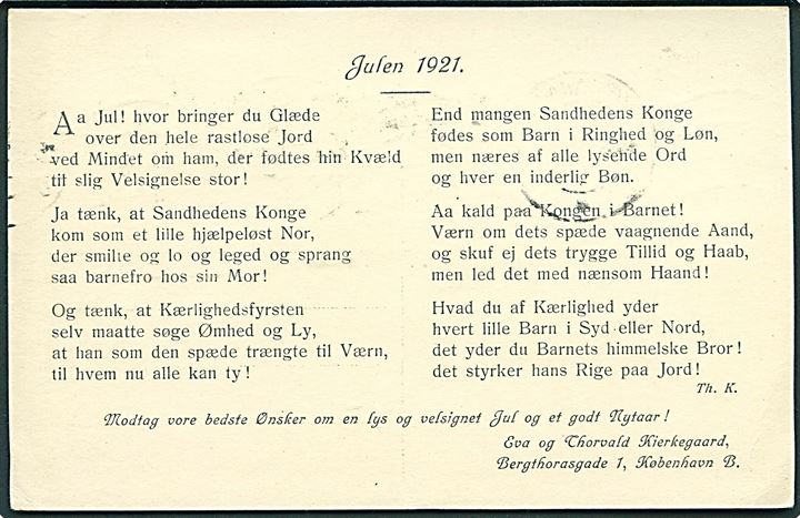 8 øre Chr. X helsagsbrevkort (fabr. 63-I) opfrankeret med 2 øre Bølgelinie og Julemærke 1921 fra København d. 22.12.1921 til Helsingfors, Finland. På bagsiden fortrykt julesalme af forfatter og præst Thorvald Kierkegaard.
