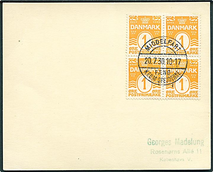 1 øre Bølgelinie i fireblok på filatelistisk brevkort sendt som tryksag og annulleret med spejder stempel brotype Vc Middelfart Fænø K.F.U.M. Spejderne d. 20.7.1930 til København.