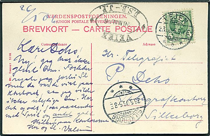 5 øre Chr. IX på brevkort (Prins Georg) annulleret med brotype Ia Vejen d. 26.5.1906 og sidestemplet med privat jernbanestempel Vejen * D.S.B. - J.F. * d. 26.5.1906 til Silkeborg. 