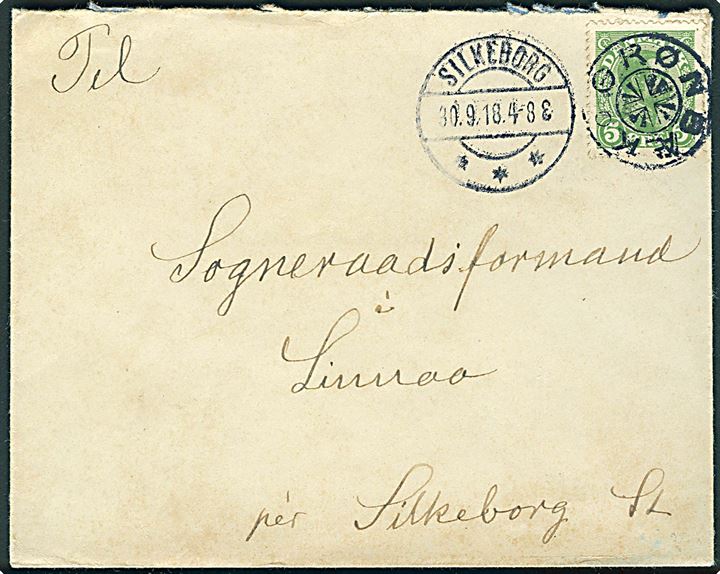 5 øre Chr. X på lokalbrev annulleret med stjernestempel GRØNBÆK og sidestemplet Silkeborg d. 30.9.1918 til Linnaa pr. Silkeborg. Skilling 1000,-