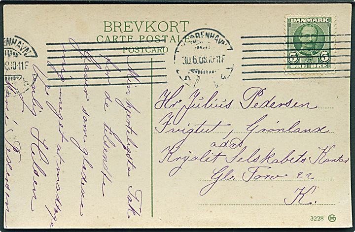 5 øre Fr. VIII på brevkort fra Kjøbenhavn d. 30.6.1908 til Ivigtut, Grønland via Kryolithselskabets Kontor Gl. Torv 22 i København. Befordret med Kryolitselskabets skib til Grønland.
