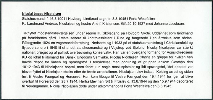 20 øre Chr. X på brev fra Sjølund d. 6.4.1944 til Nikolaj Nikolajsen, Det tyske Sikkerhedspoliti, Vestre Fængsel med rødt Geprüft og Bef. d. Sipo u. d. SD Kopenhagen /  Gefangenenlager Horseröd. Nikolajsen blev arresteret for modstandsarbejde i Sjølund d. 10.12.1943 og døde i KZ-lejr Porta Westfalica d. 3.3.1945. Rift i venstre hjørne.