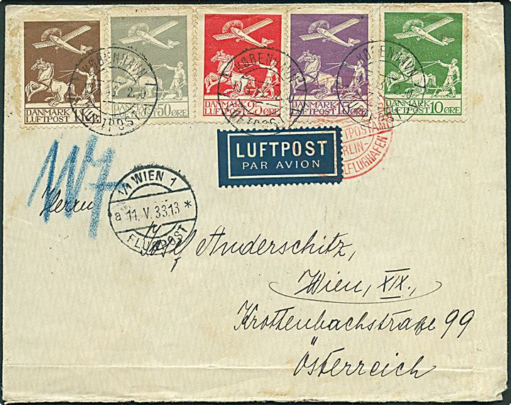Komplet sæt Luftpost på luftpostbrev fra København Luftpost sn1 d. 10.5.1933 via Berlin til Wien, Østrig.