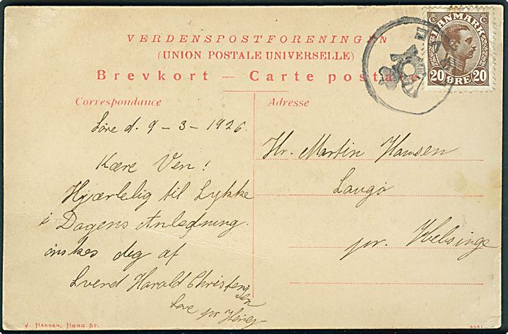 20 øre Chr. X på brevkort (Gadeparti i Løve) dateret d. 9.3.1926 og annulleret med sort posthornstempel LØVE til Langø pr. Helsinge. Skilling: 2000,-