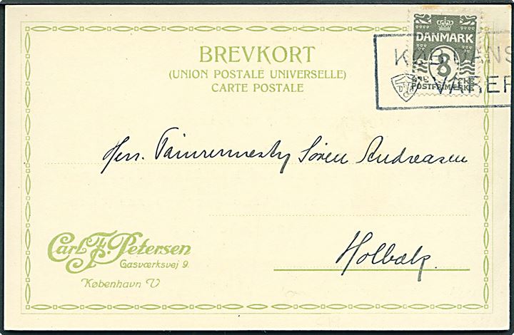 8 øre Bølgelinie med perfin “C.F.P.” på tryksagsbrevkort fra firma Carl F. Pedersen dateret d. 17.12.1927 med skævt placeret TMS fra København til Holbæk.