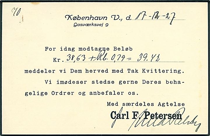 8 øre Bølgelinie med perfin “C.F.P.” på tryksagsbrevkort fra firma Carl F. Pedersen dateret d. 17.12.1927 med skævt placeret TMS fra København til Holbæk.
