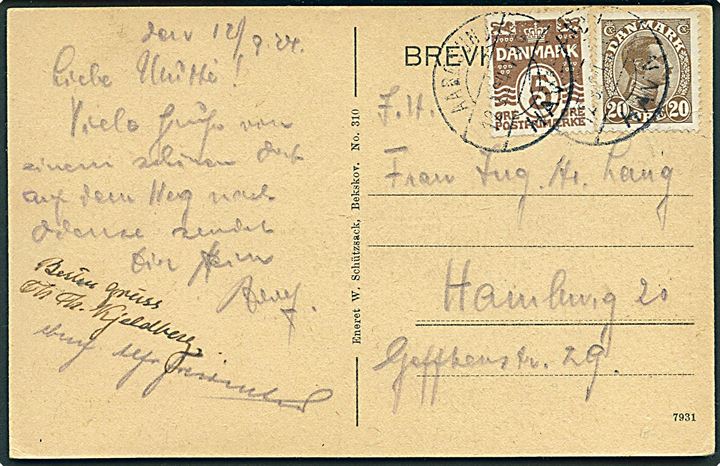 5 øre Bølgelinie og 20 øre Chr. X på brevkort (Aarøsund) annulleret med vanskeligt brotype IIb Aarøsund Havn d. 12.9.1924 til Hamburg, Tyskland. Postkontor ændrede navn til Aarøsund pr. 1.2.1925.